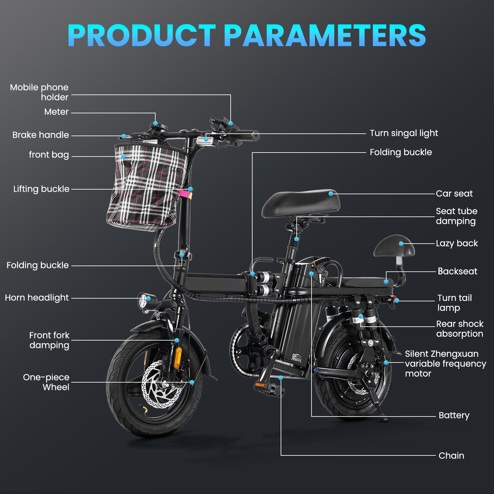 A9-Electric-Bike-for-Adults, Folding-E-Bike-with-Basket, 14" Wheels, 20 mph, 500W Brushless Motor, 48V 15AH Removable Battery, 9 Shock Absorbers, 30-Mile Range, LCD Display - 图片 12