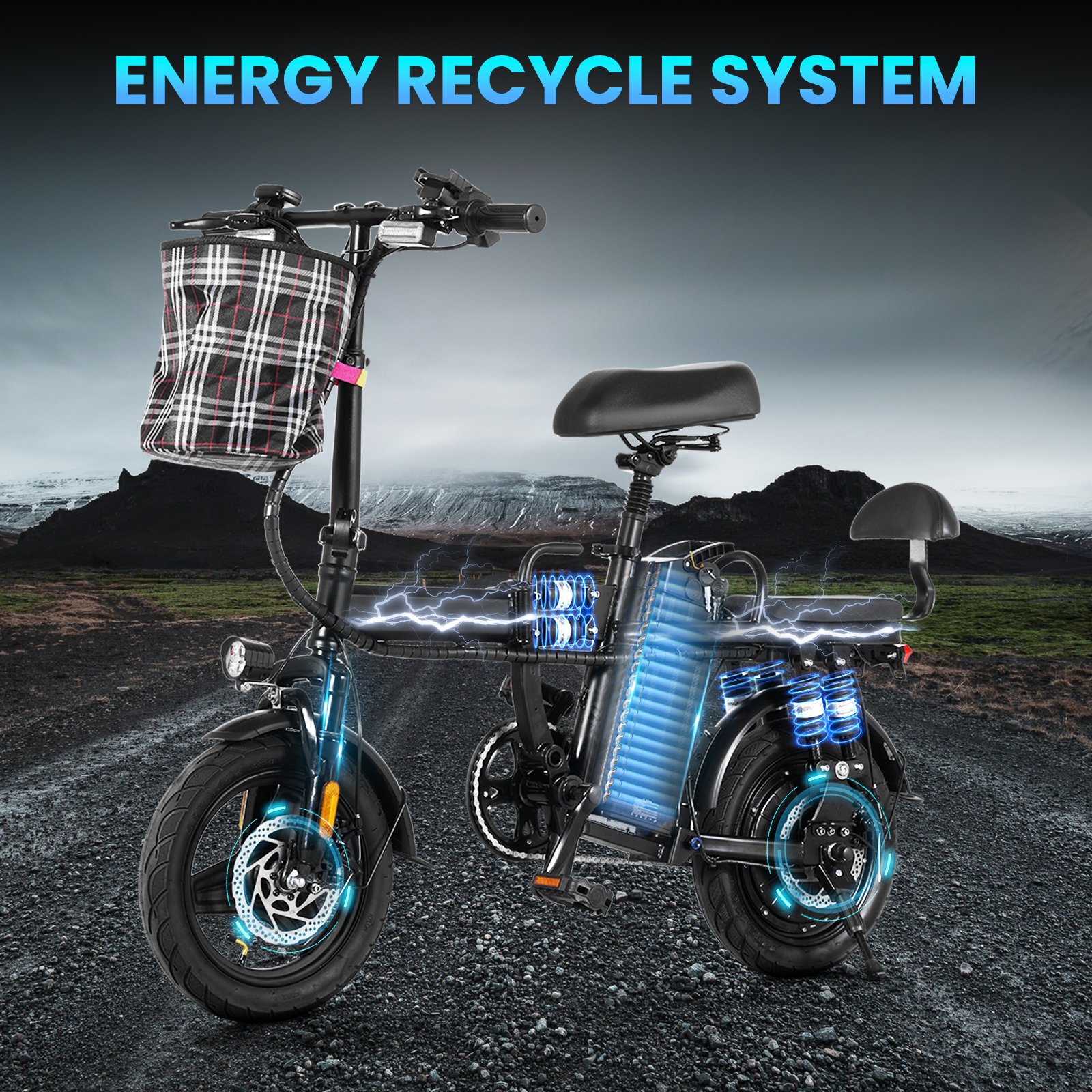 A9-Electric-Bike-for-Adults, Folding-E-Bike-with-Basket, 14" Wheels, 20 mph, 500W Brushless Motor, 48V 15AH Removable Battery, 9 Shock Absorbers, 30-Mile Range, LCD Display - 图片 3