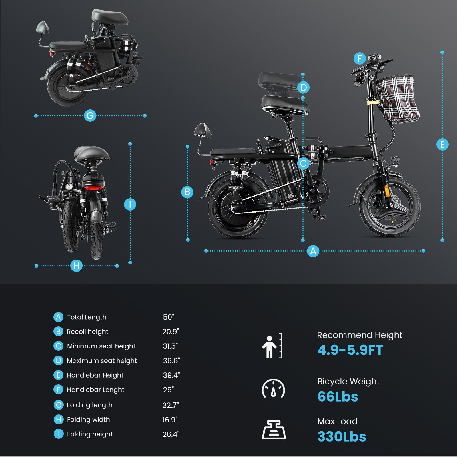 A9-Electric-Bike-for-Adults, Folding-E-Bike-with-Basket, 14" Wheels, 20 mph, 500W Brushless Motor, 48V 15AH Removable Battery, 9 Shock Absorbers, 30-Mile Range, LCD Display - 图片 11