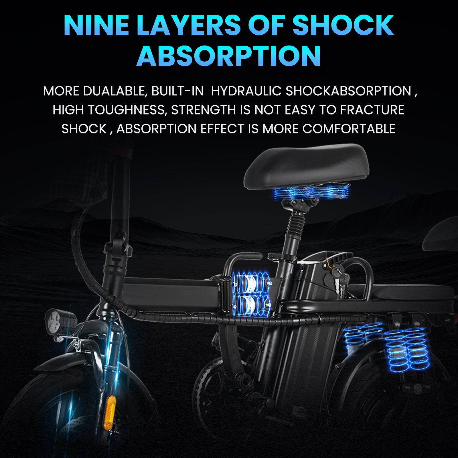 A9-Electric-Bike-for-Adults, Folding-E-Bike-with-Basket, 14" Wheels, 20 mph, 500W Brushless Motor, 48V 15AH Removable Battery, 9 Shock Absorbers, 30-Mile Range, LCD Display - 图片 9