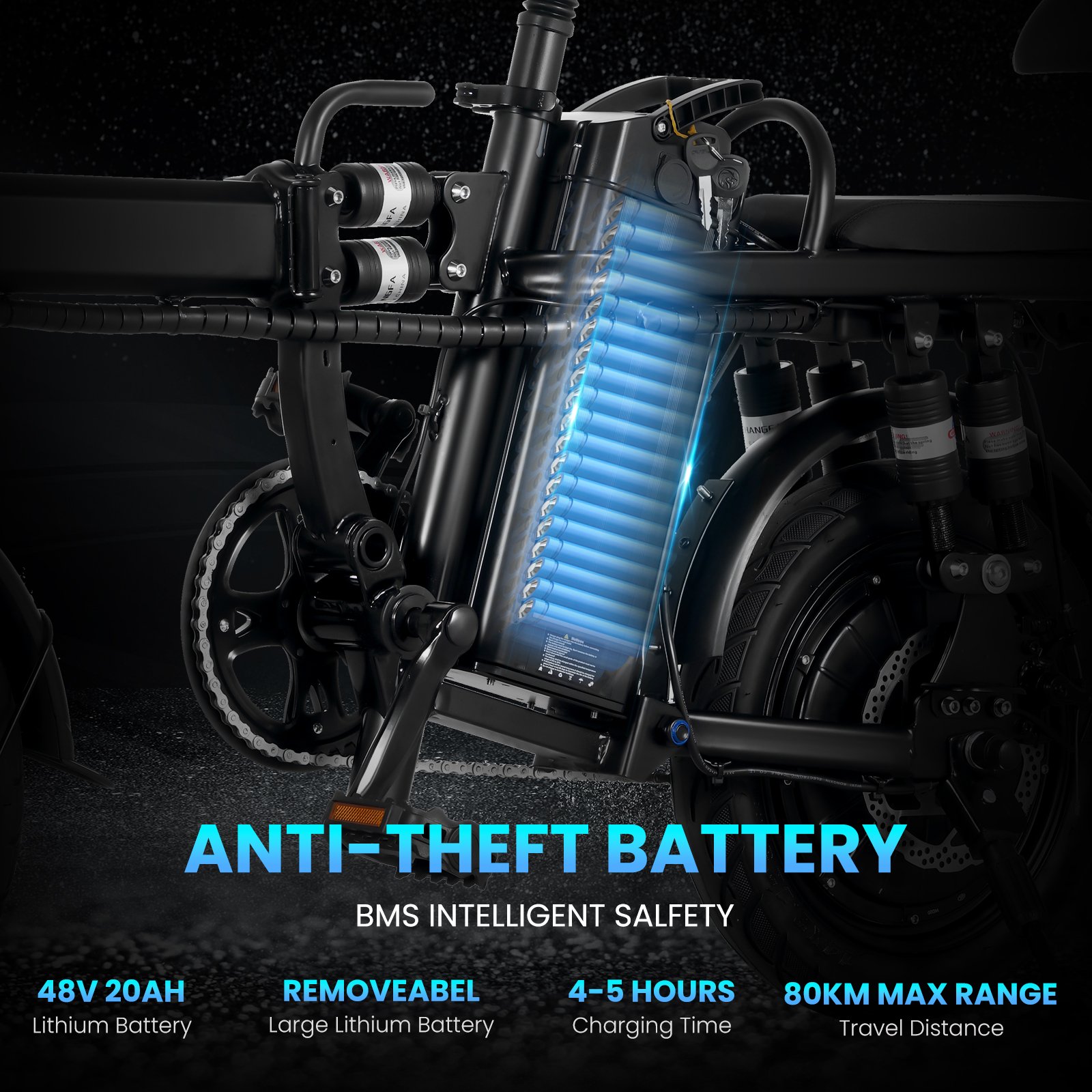 A9-Electric-Bike-for-Adults, Folding-E-Bike-with-Basket, 14" Wheels, 20 mph, 500W Brushless Motor, 48V 15AH Removable Battery, 9 Shock Absorbers, 30-Mile Range, LCD Display - 图片 6