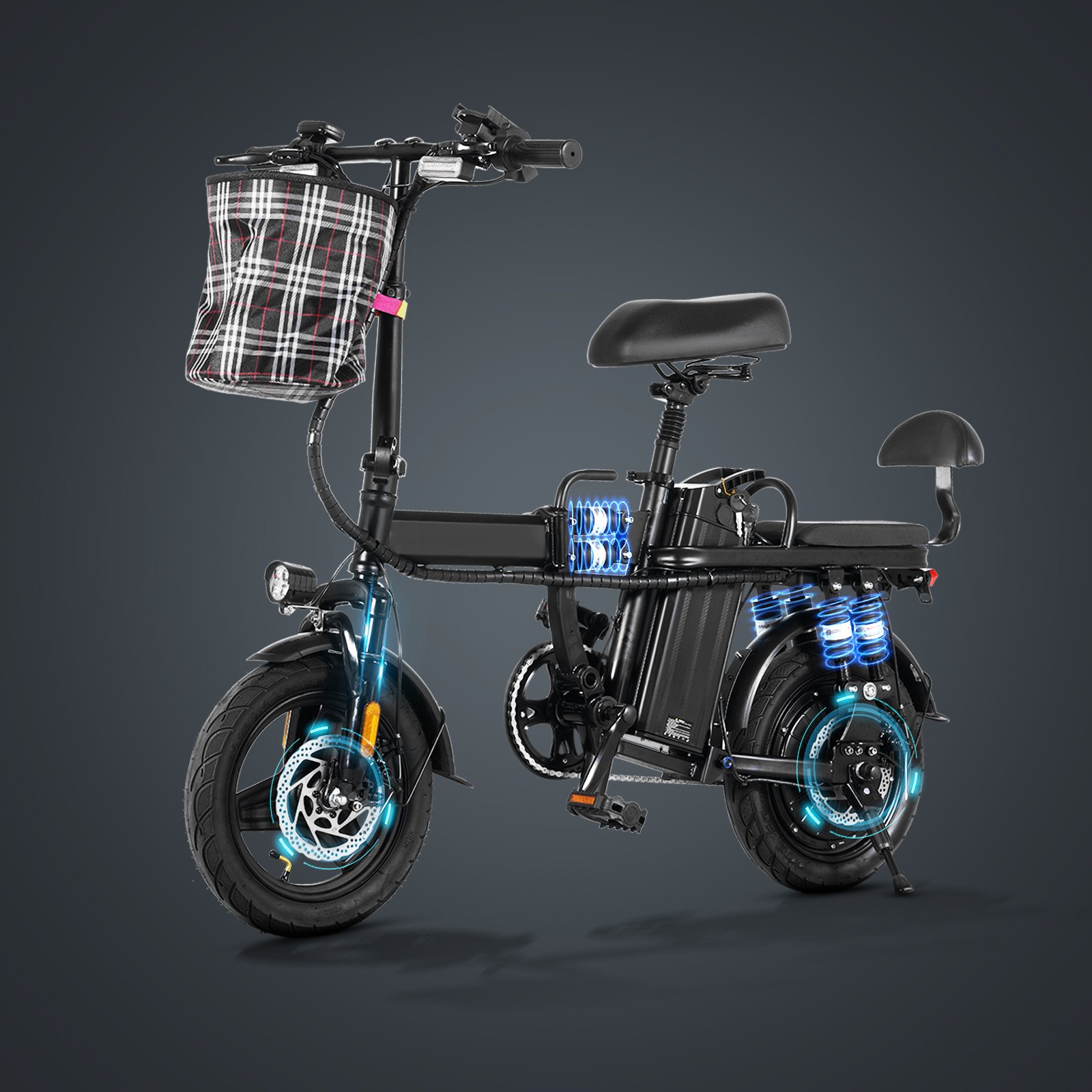 A9-Electric-Bike-for-Adults, Folding-E-Bike-with-Basket, 14" Wheels, 20 mph, 500W Brushless Motor, 48V 15AH Removable Battery, 9 Shock Absorbers, 30-Mile Range, LCD Display - 图片 5